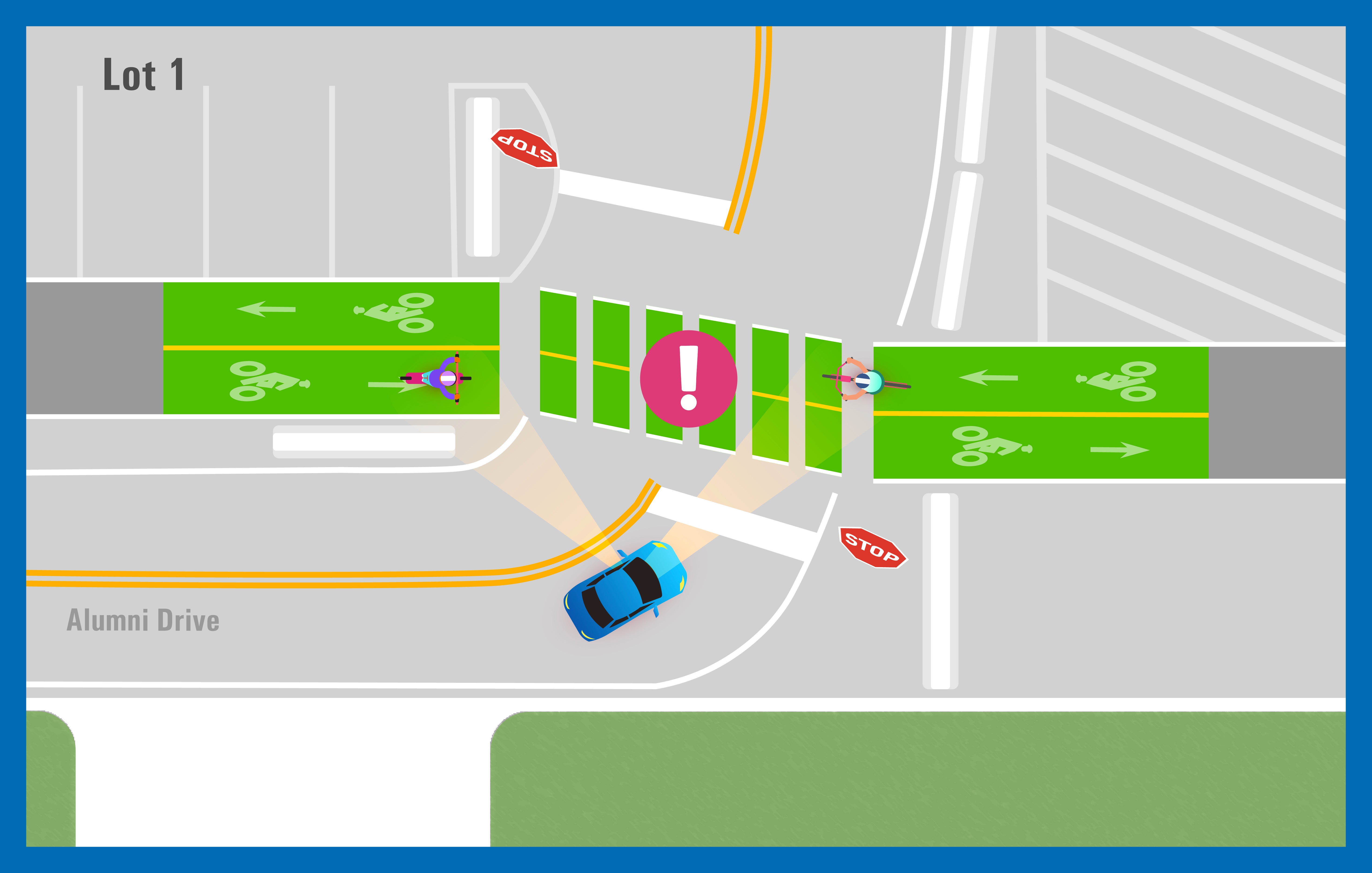 Car stopping at stop sign and yielding to bikes.
